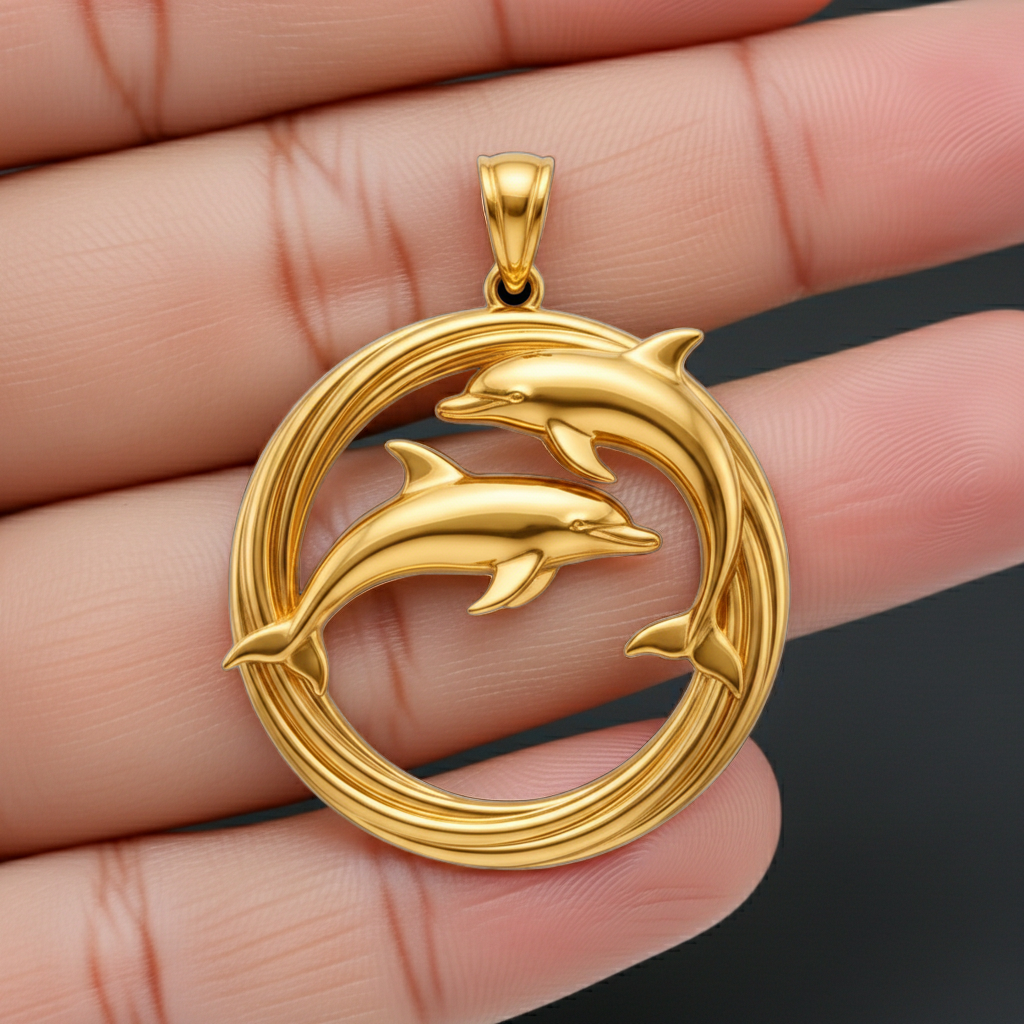 Dolphin Pendant Necklace in gold or sterling silver by MokshaGoldSculptures, two dolphins in circular frame.