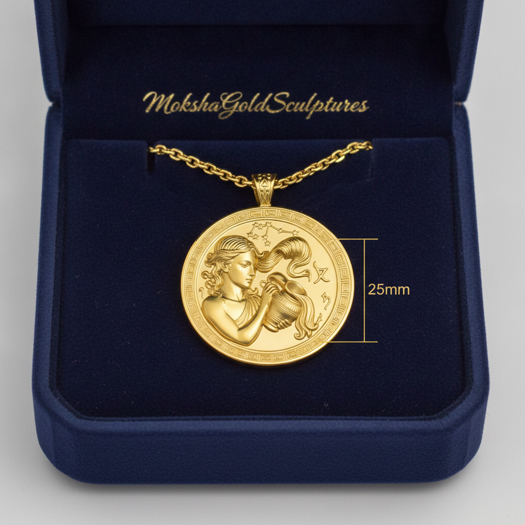 Aquarius Zodiac Medallion Necklace, 25mm Water Bearer Pendant, Greek Astrology Coin Necklace, 9K Gold, Sterling Silver or Yellow Brass, Zodiac Birthday Gift