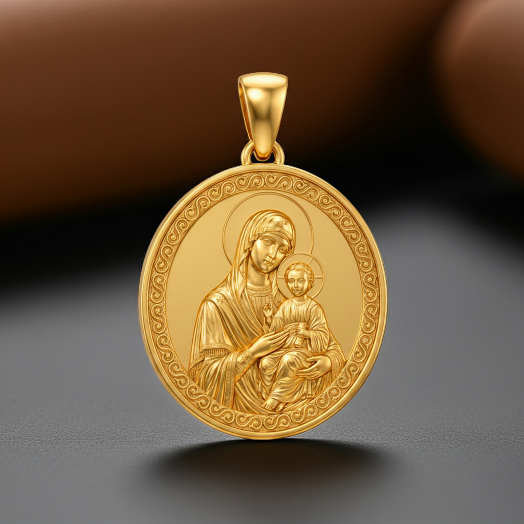 Mary with Baby Jesus Pendant Necklace – Ancient Religious Scene Jewelry – Catholic Christian Devotional Gift
