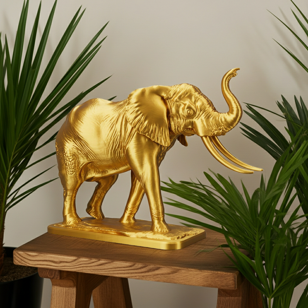 The Majestic Elephant Sculpture in gold finish by MokshaGoldSculptures, handmade PLA decorative statue.