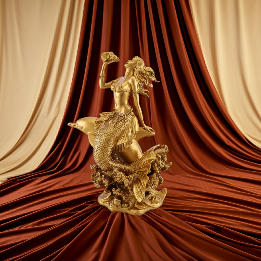 Golden Mermaid with Dolphin and Konch Shell in gold finish by MokshaGoldSculptures, fantasy ocean collectible statue.