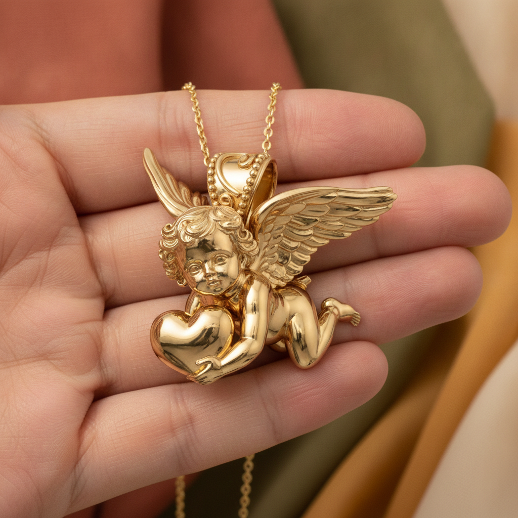 Golden Cherub with Heart Pendant Necklace | Angel of Love & Protection | 9K Gold, Sterling Silver or Polished Brass | Handmade Religious Jewelry Gift