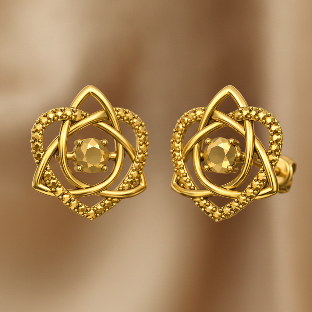 MokshaGoldSculptures Celtic Trinity Knot Heart Stud Earrings in 9K gold with central gemstone, polished finish.