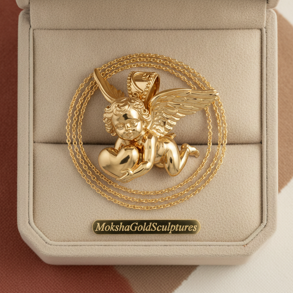 Golden Cherub with Heart Pendant Necklace | Angel of Love & Protection | 9K Gold, Sterling Silver or Polished Brass | Handmade Religious Jewelry Gift