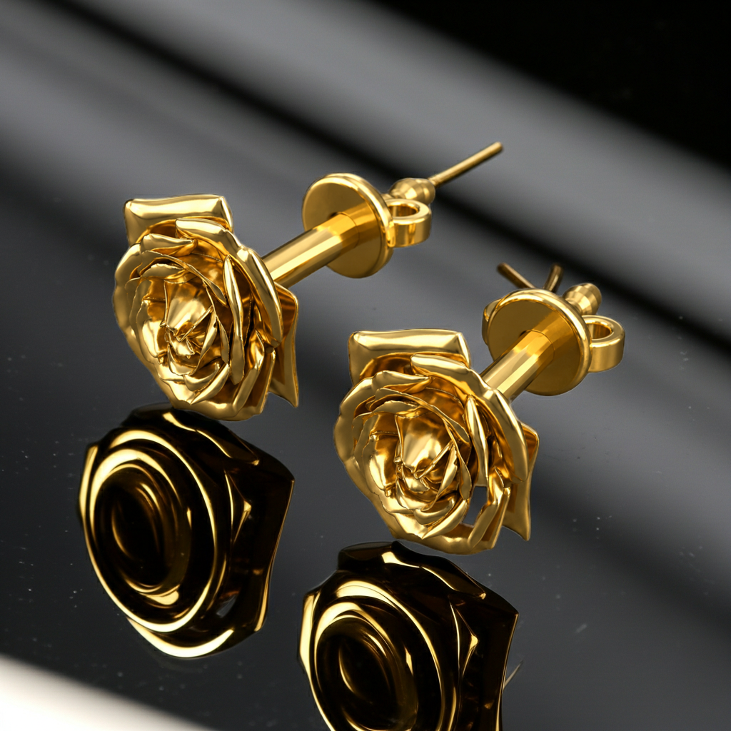 Polished Brass Rose Stud Earrings in shiny finish by MokshaGoldSculptures.