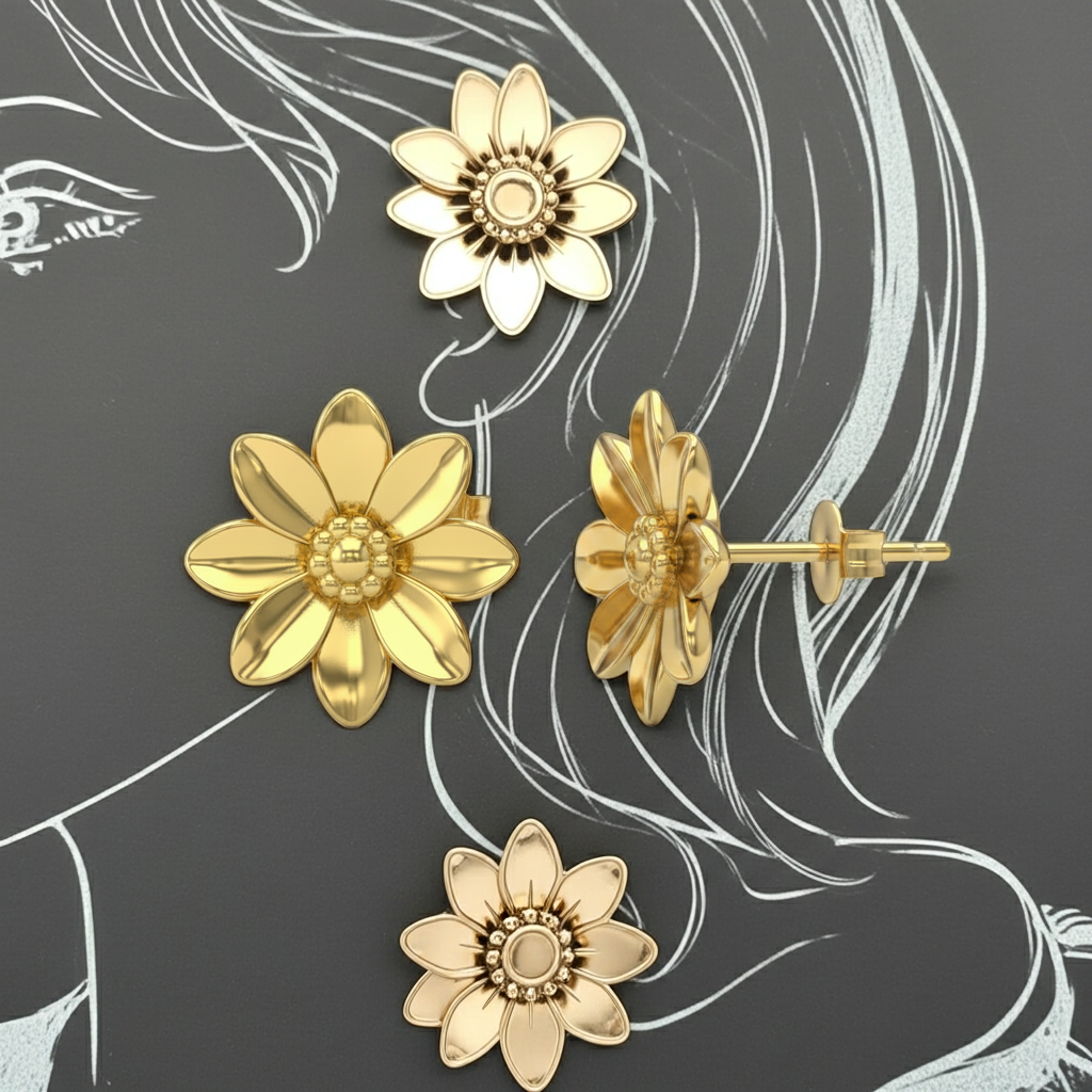 Polished Brass Flower Stud Earrings by MokshaGoldSculptures, shown on art with a side view displaying the post.