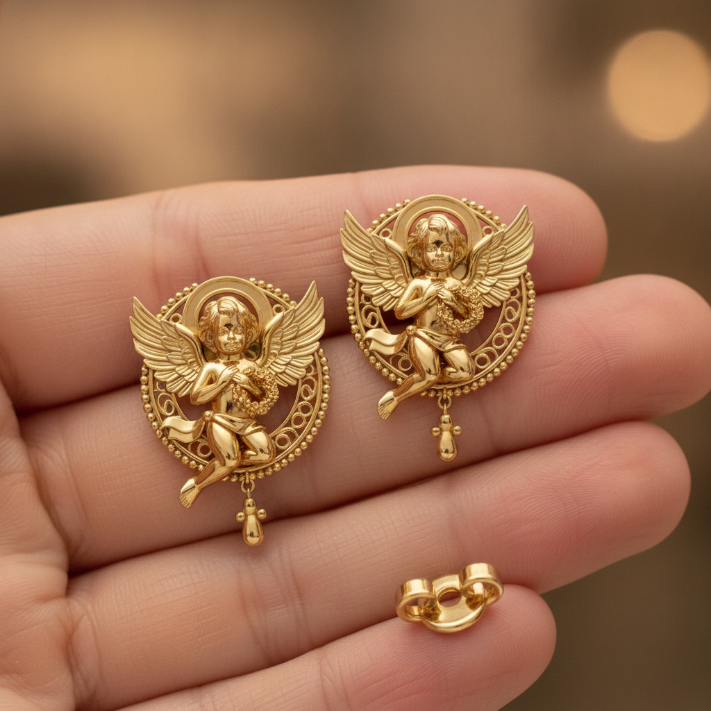 Golden Cherub Angel Stud Earrings | Guardian Angel Jewelry | 9K Gold, Sterling Silver & Yellow Brass | Handmade Religious Gift