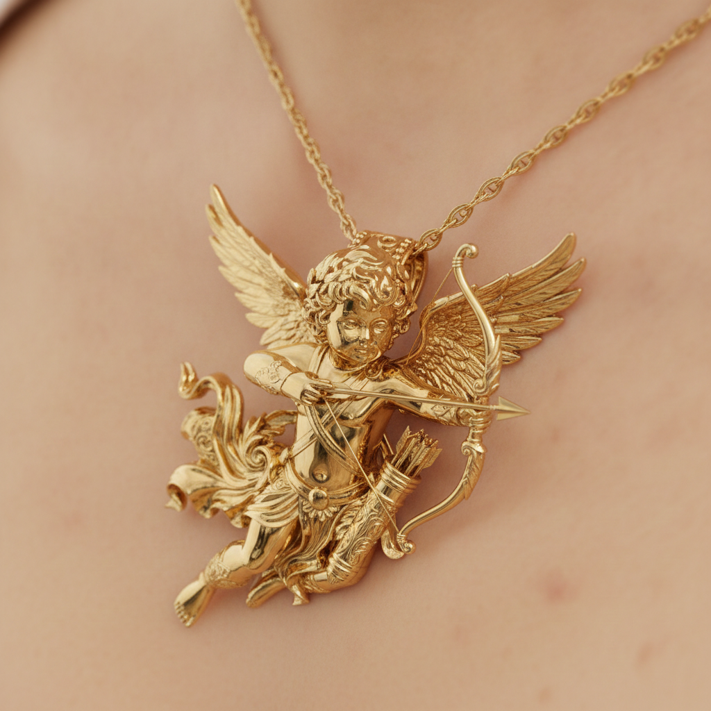 Winged Cupid Archer Pendant Necklace | Cherub Angel with Bow & Arrow | Handmade in 9K Gold, Sterling Silver & Yellow Brass