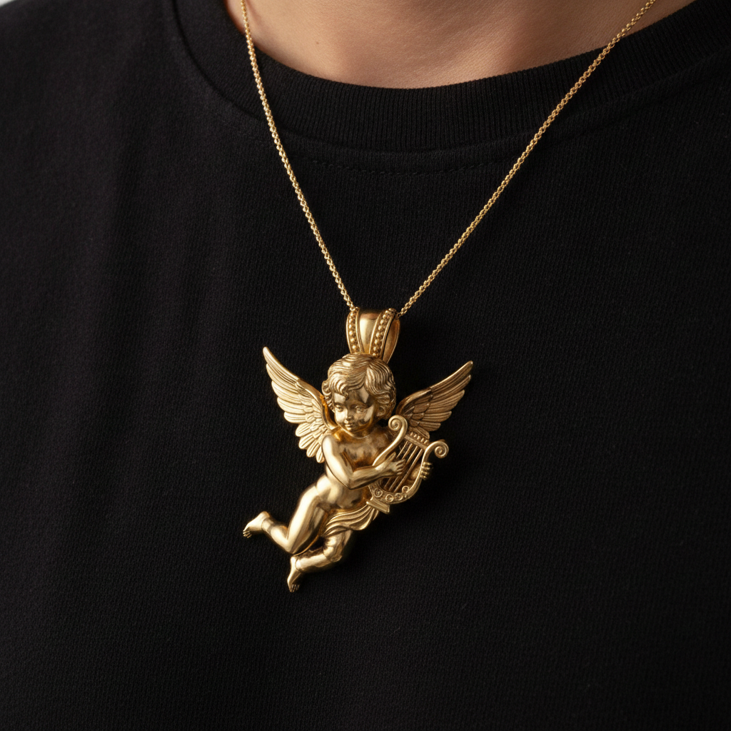 Golden Cherub Harp Pendant Necklace, Guardian Angel Jewelry, 9K Gold Angel Pendant, Sterling Silver Cherub Necklace, Religious Gift