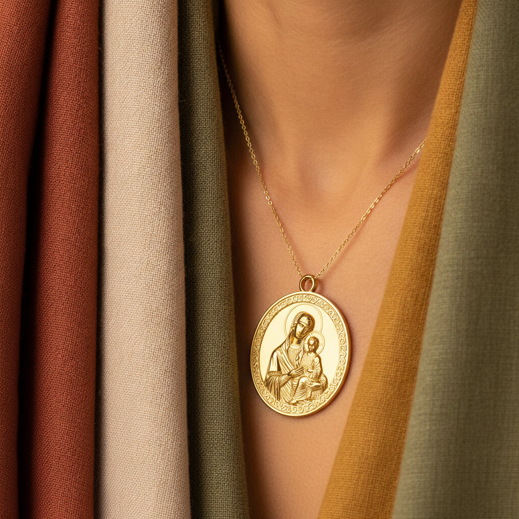Virgin Mary & Child Coin Pendant Necklace | Blessed Mother Medallion | Christian Jewelry in 18K Gold, Sterling Silver or Yellow Brass