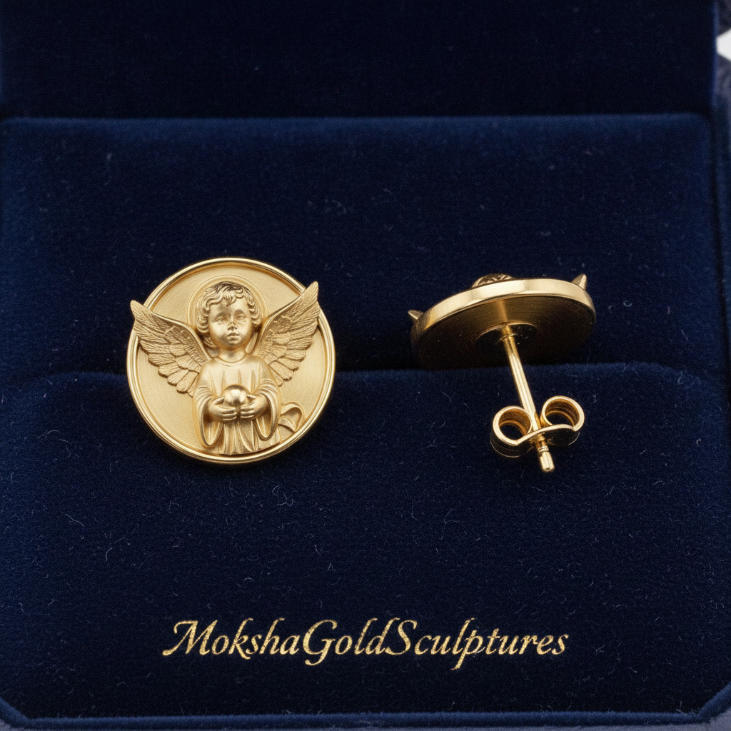 Angel Cherub Medallion Stud Earrings | 9K Gold, Sterling Silver or Brass | Celestial Angel Earrings | Religious Jewelry | Handmade Gift for Her