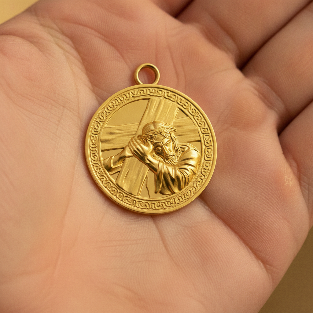 Jesus Carrying the Cross Medallion Pendant in 9K gold by MokshaGoldSculptures, shown held in a hand.