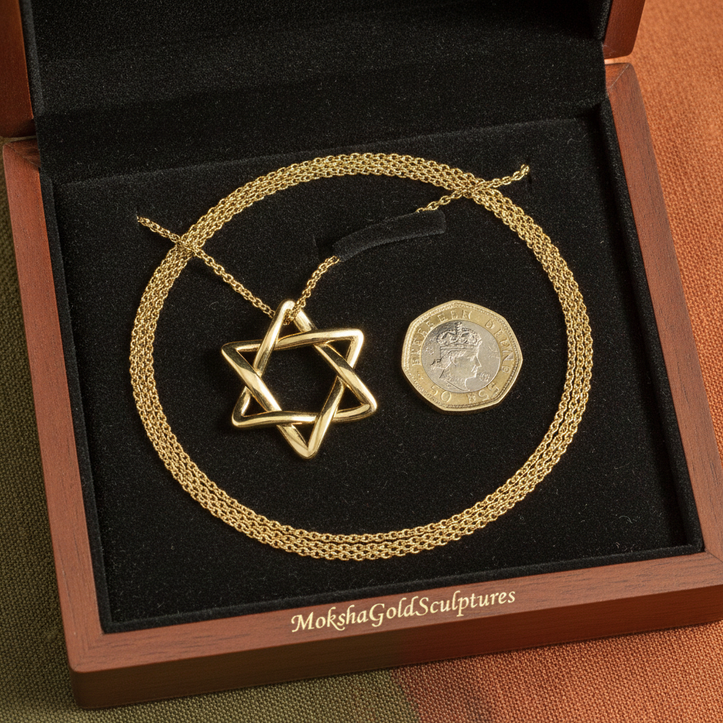 The Interlaced Star of David Pendant Necklace in 18K gold and silver by MokshaGoldSculptures, shown in branded box.