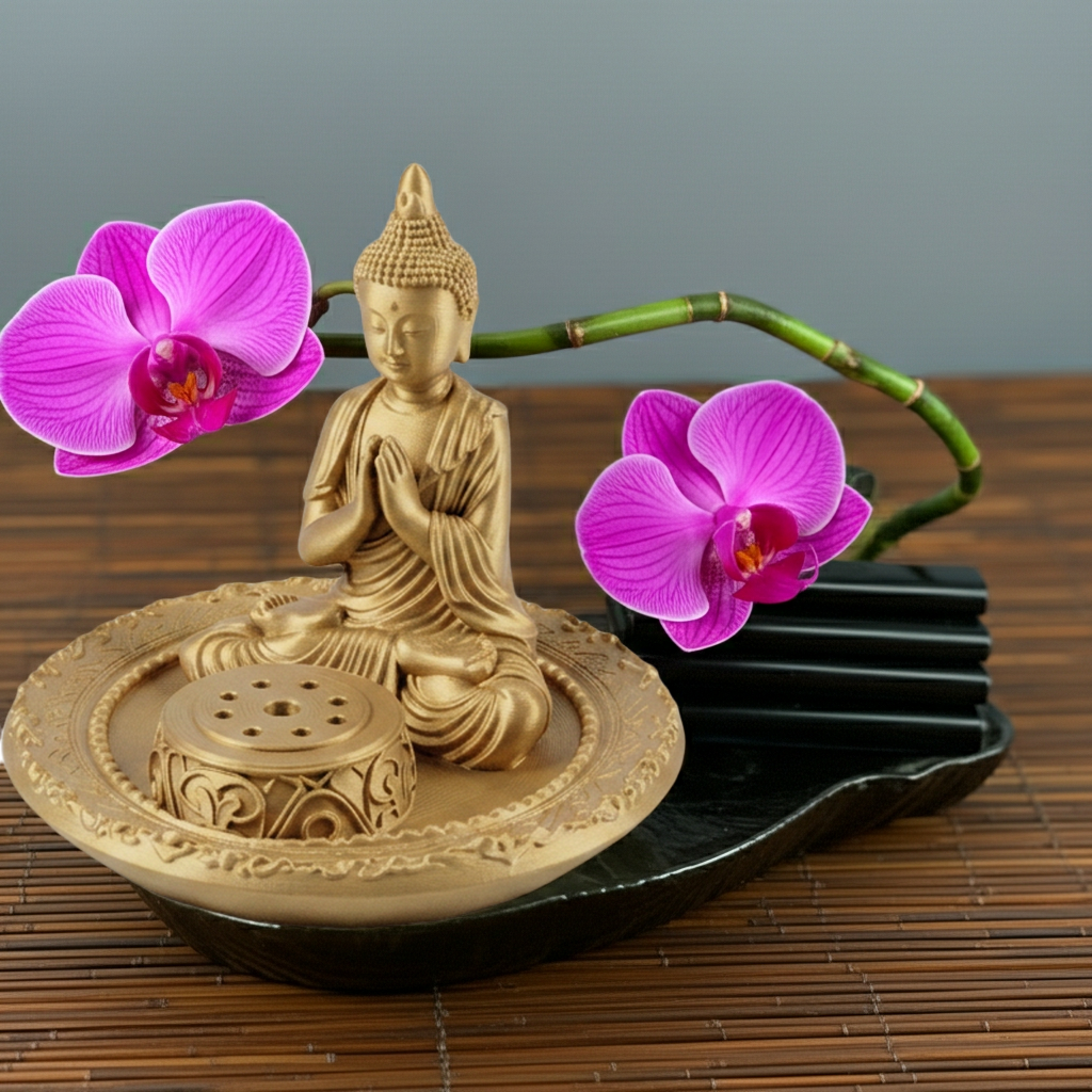 The Buddha Incense Holder Tray in gold PLA finish by MokshaGoldSculptures, with tray, bamboo stem, and pink orchids.