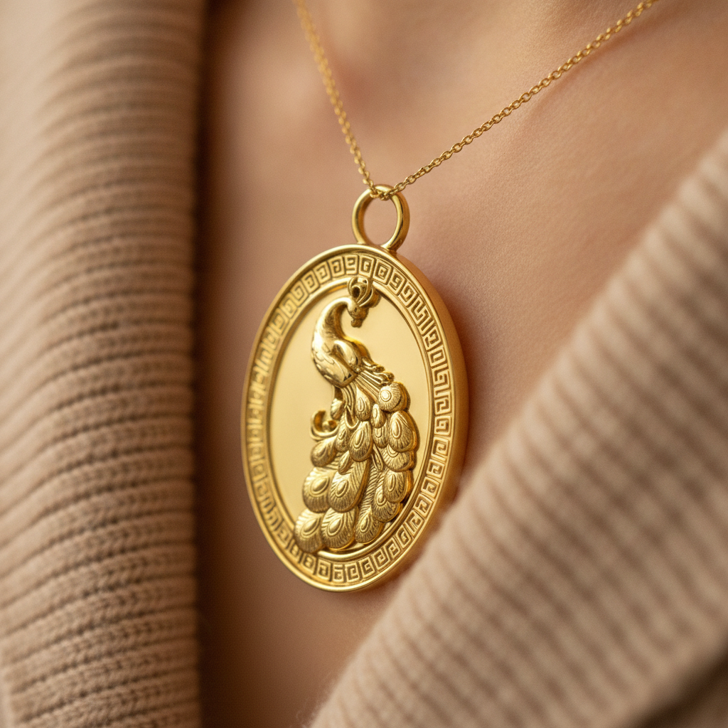 Gothic Peacock Coin Pendant Necklace | 9K Gold, Sterling Silver & Polished Yellow Brass | Art Nouveau Peacock Medallion | Nature Bird Jewelry | Gift for Her