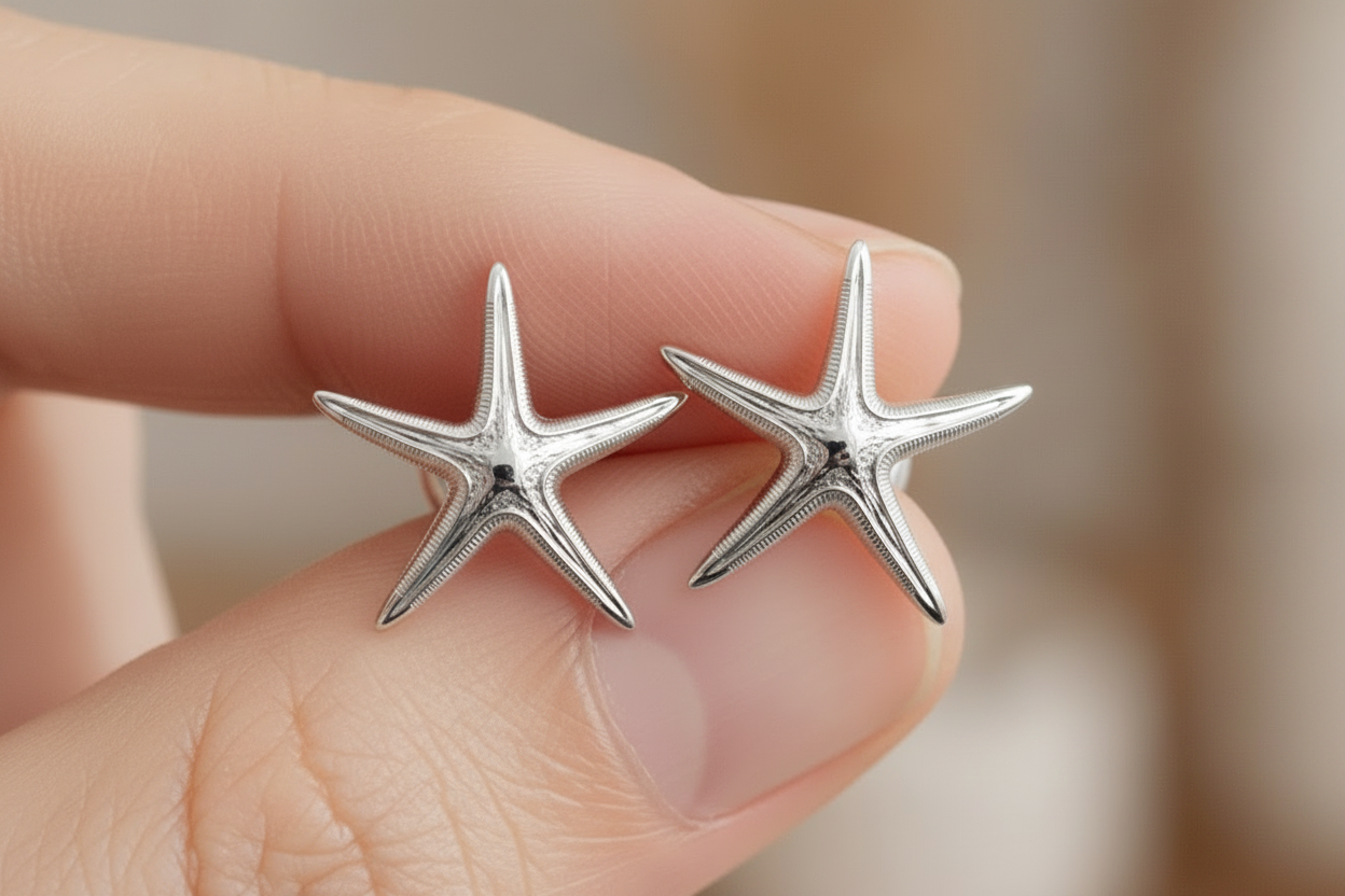 Royal Starfish Stud Earrings | Astropecten articulatus | 9K Gold, Sterling Silver or Polished Yellow Brass | Ocean Jewelry | Nautical Gift