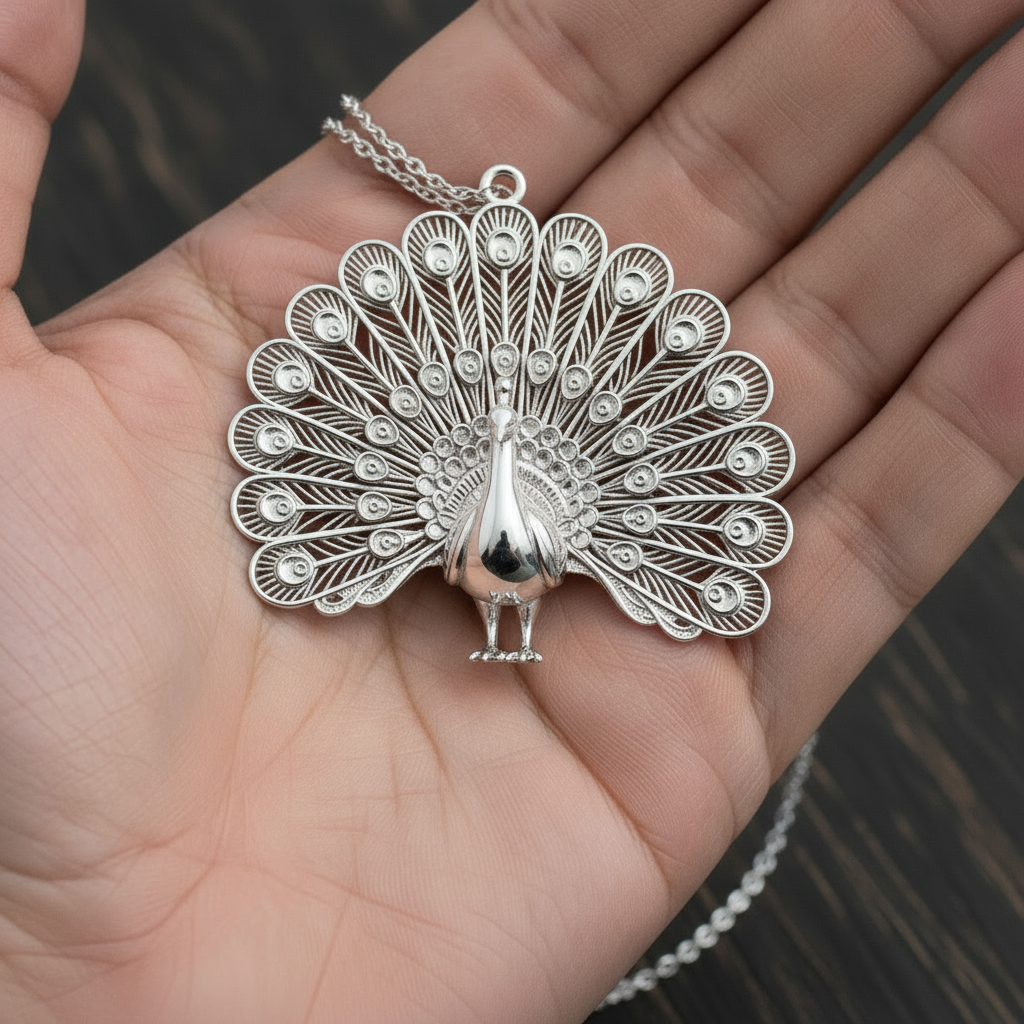 The Peacock Pendant Necklace in 9K gold, sterling silver, or polished brass by MokshaGoldSculptures.