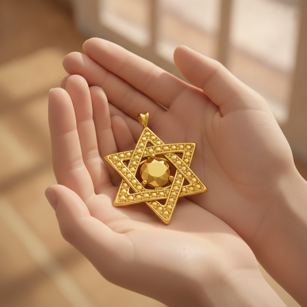 Star of David Pendant Necklace in 18K gold with yellow gemstone by MokshaGoldSculptures.