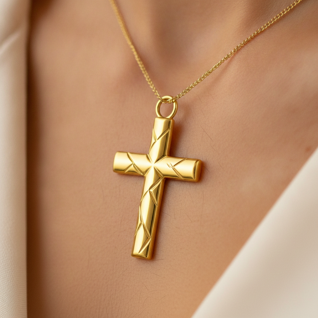 Faceted Cross Pendant Necklace in 9K gold by MokshaGoldSculptures, geometric charm on cream top.