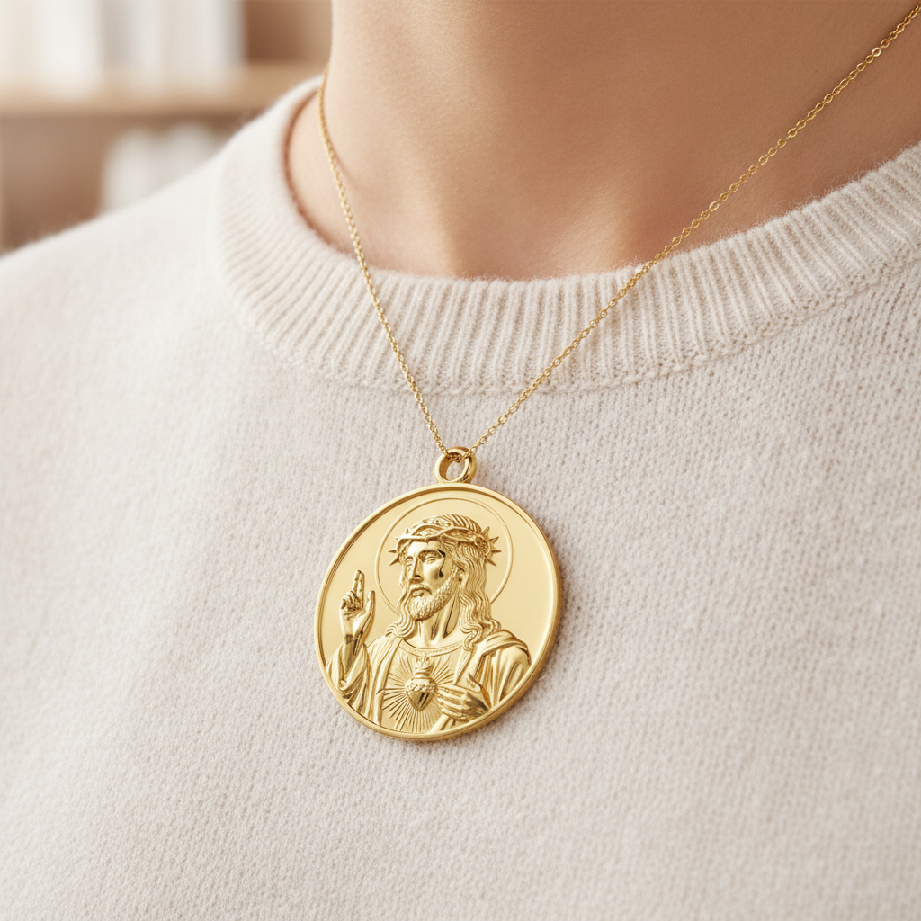 Jesus Sacred Heart Coin Pendant Necklace | 18K Gold Plated, Sterling Silver or Polished Brass | Christian Medallion | Catholic Religious Jewellery | 30mm
