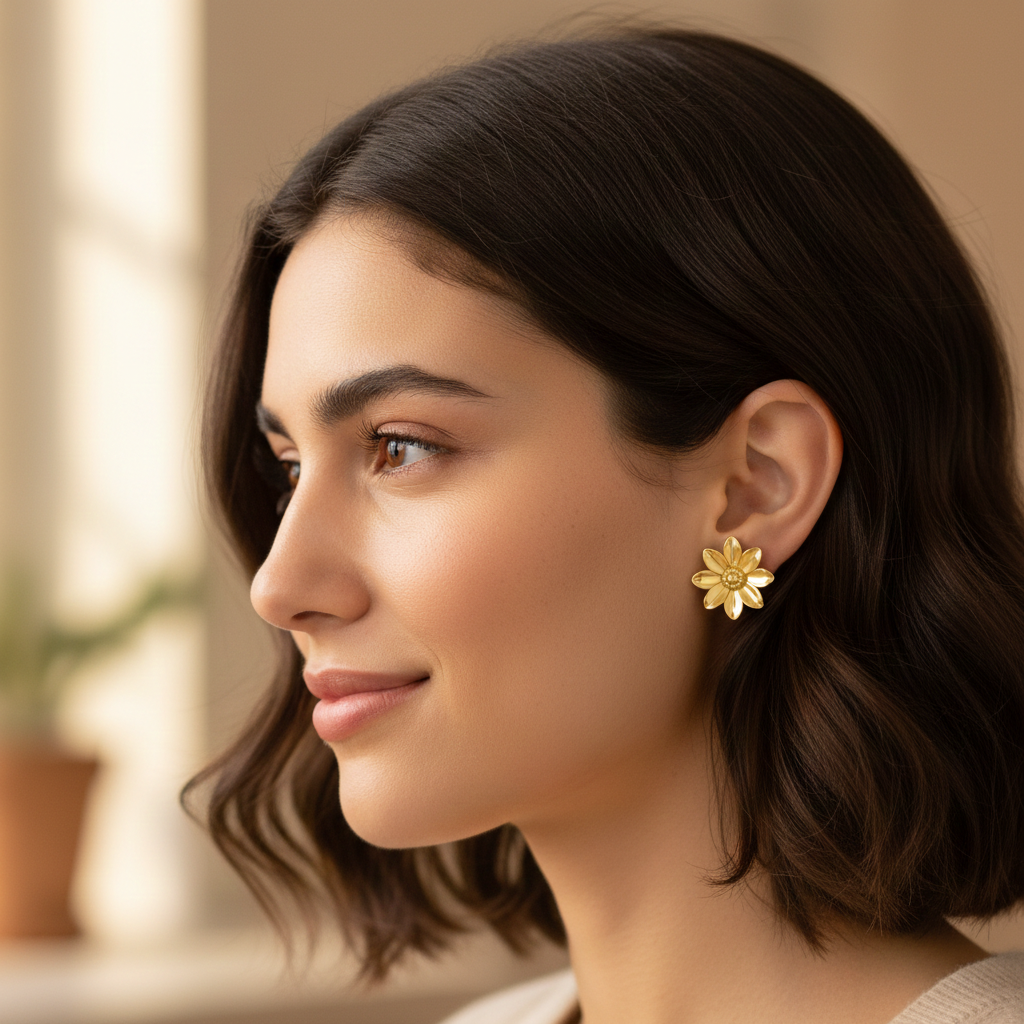 Polished Brass Flower Stud Earrings by MokshaGoldSculptures worn by woman with short brown hair, soft smile.