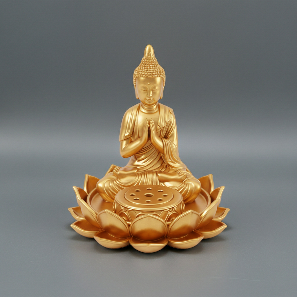 The Lotus Buddha Incense Holder in 3D printed PLA by MokshaGoldSculptures, serene Buddha on lotus, matte finish.
