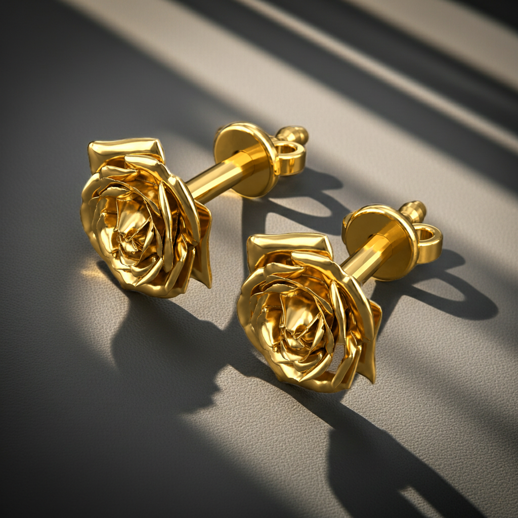 Rose cufflinks in polished gold finish by MokshaGoldSculptures, displayed on a smooth gray surface.
