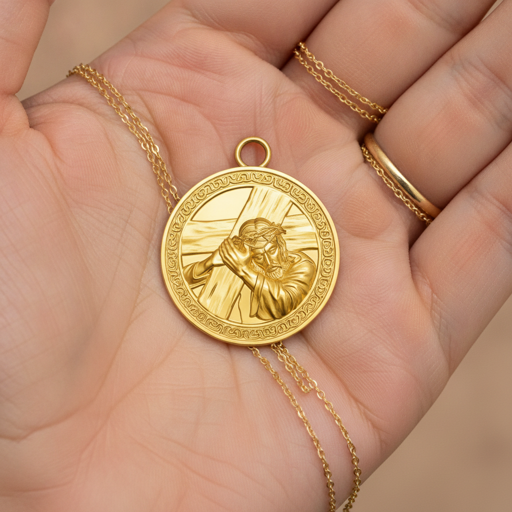Jesus Carrying the Cross Medallion Pendant in 9K gold by MokshaGoldSculptures on a thin chain, held with a simple gold ring.