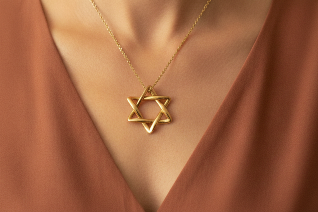 Interlaced Star of David Pendant Necklace in 18K gold by MokshaGoldSculptures, worn over a rust v-neck top.