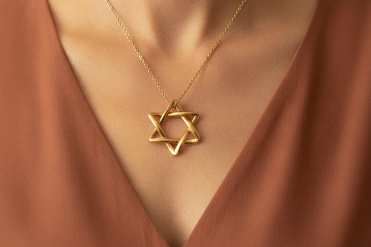 Interlaced Star of David Pendant Necklace in 18K gold by MokshaGoldSculptures, worn over a rust v-neck top.