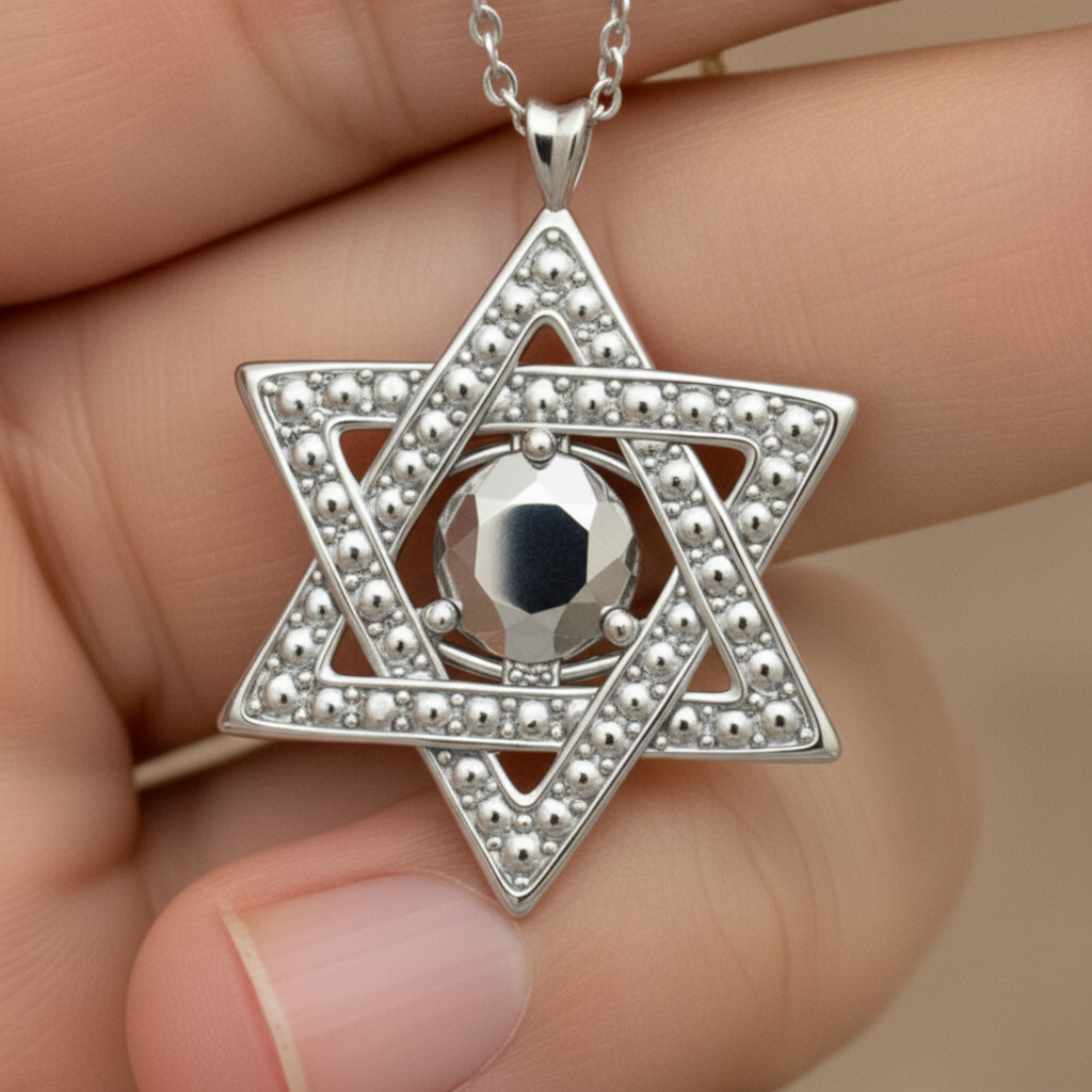 Star of David Pendant Necklace in 18K gold with faceted sphere by MokshaGoldSculptures, shown held in hand.