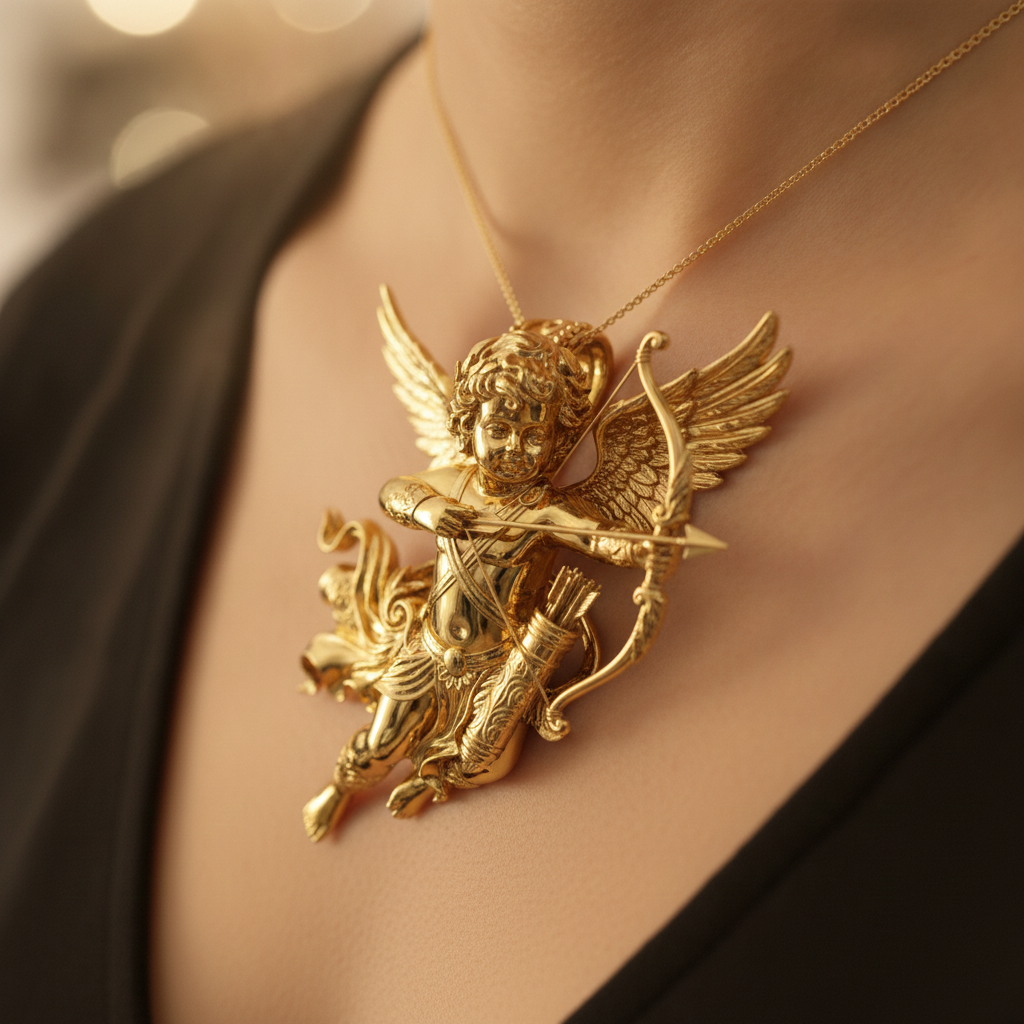 Winged Cupid Archer Pendant Necklace | Cherub Angel with Bow & Arrow | Handmade in 9K Gold, Sterling Silver & Yellow Brass