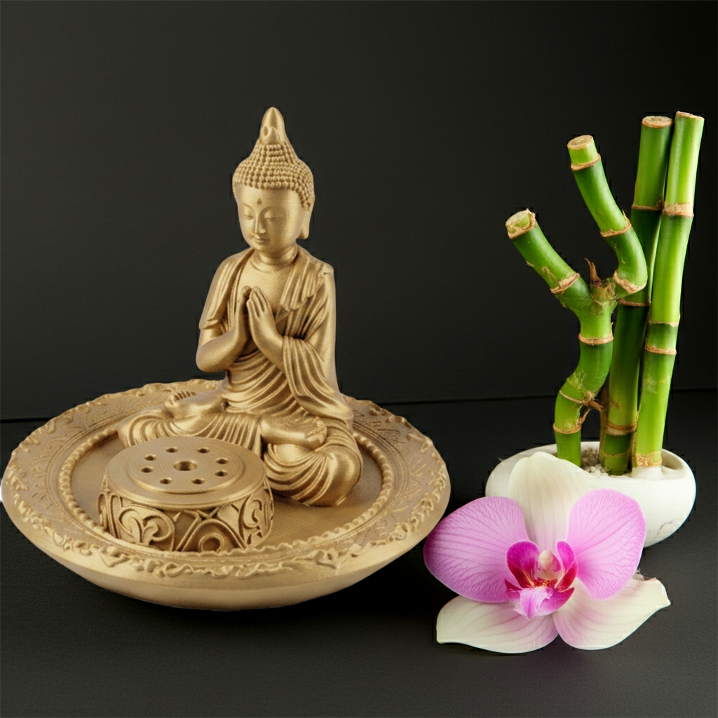 The Buddha Incense Holder Tray in gold finish by MokshaGoldSculptures, 3D printed, with bamboo and pink orchid.