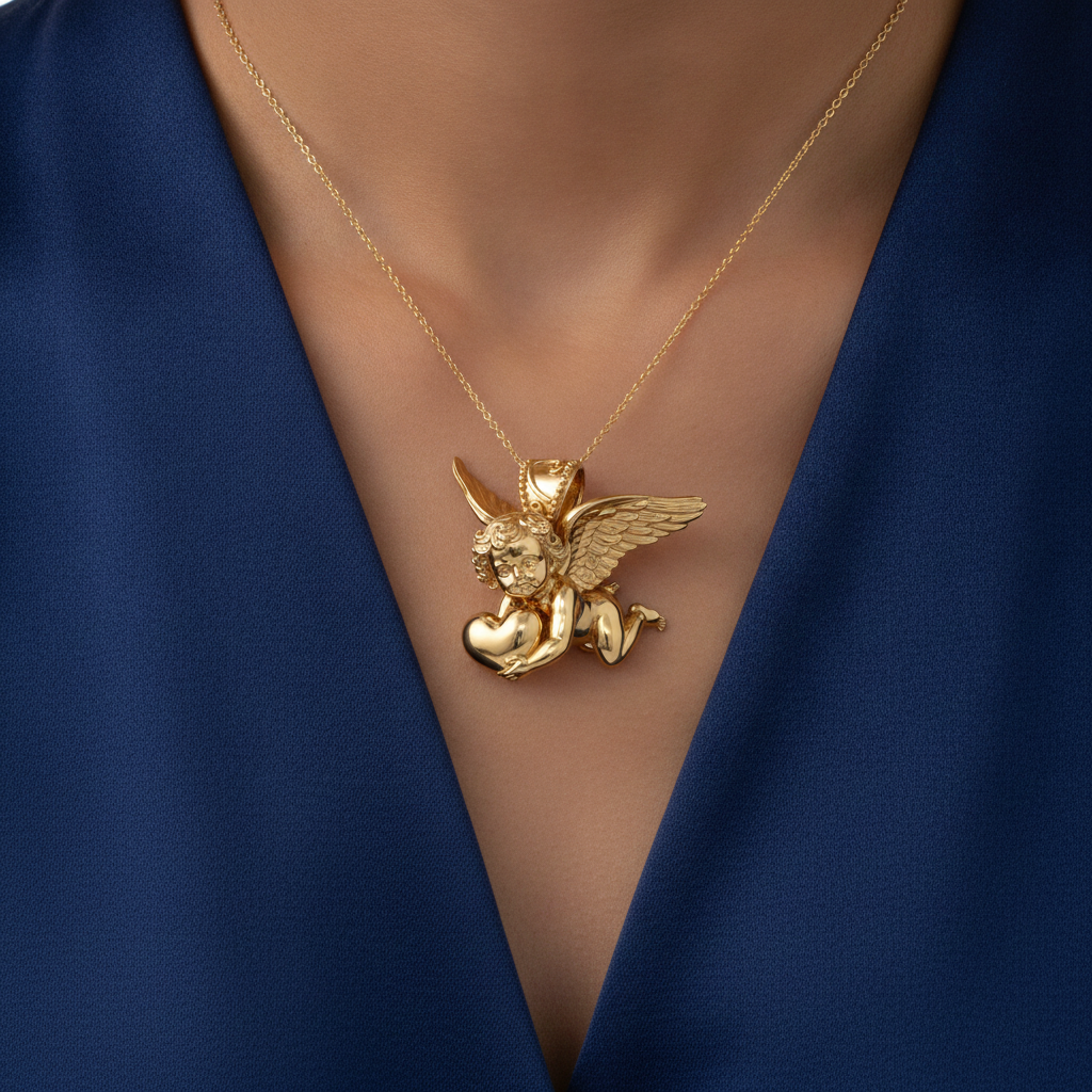 Golden Cherub with Heart Pendant Necklace | Angel of Love & Protection | 9K Gold, Sterling Silver or Polished Brass | Handmade Religious Jewelry Gift