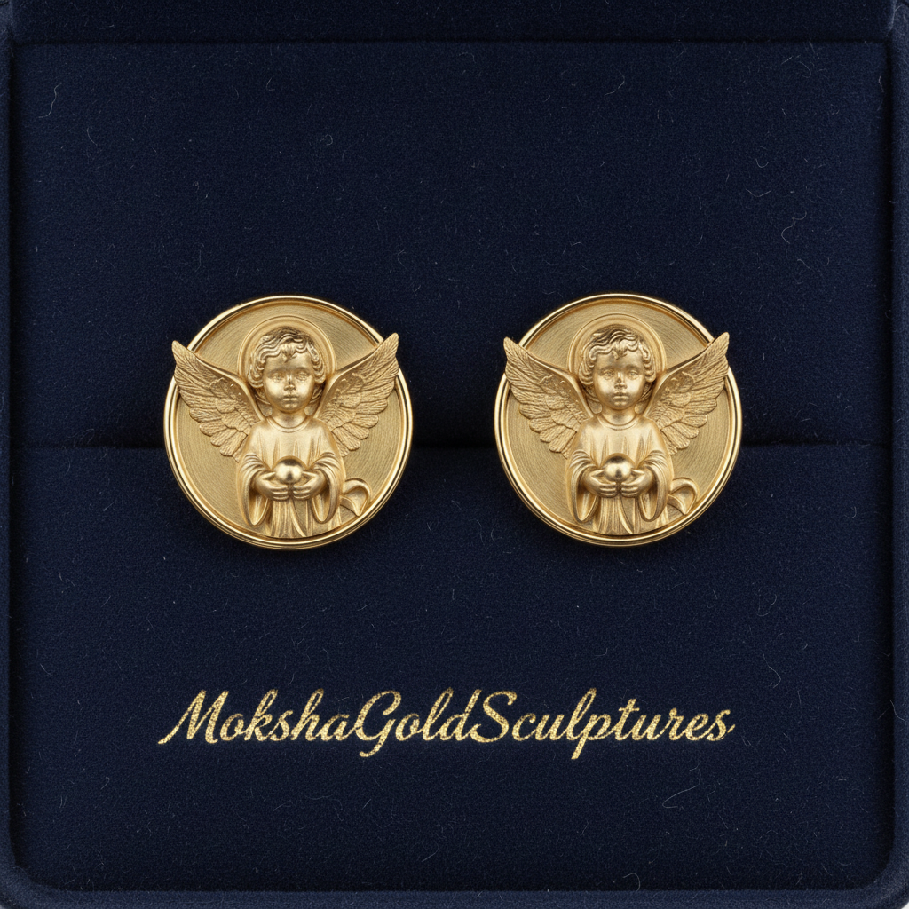 Angel Cherub Medallion Stud Earrings | 9K Gold, Sterling Silver or Brass | Celestial Angel Earrings | Religious Jewelry | Handmade Gift for Her