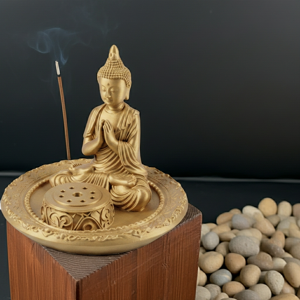 Buddha Incense Holder Tray in gold, black, silver, and grey resin by MokshaGoldSculptures.