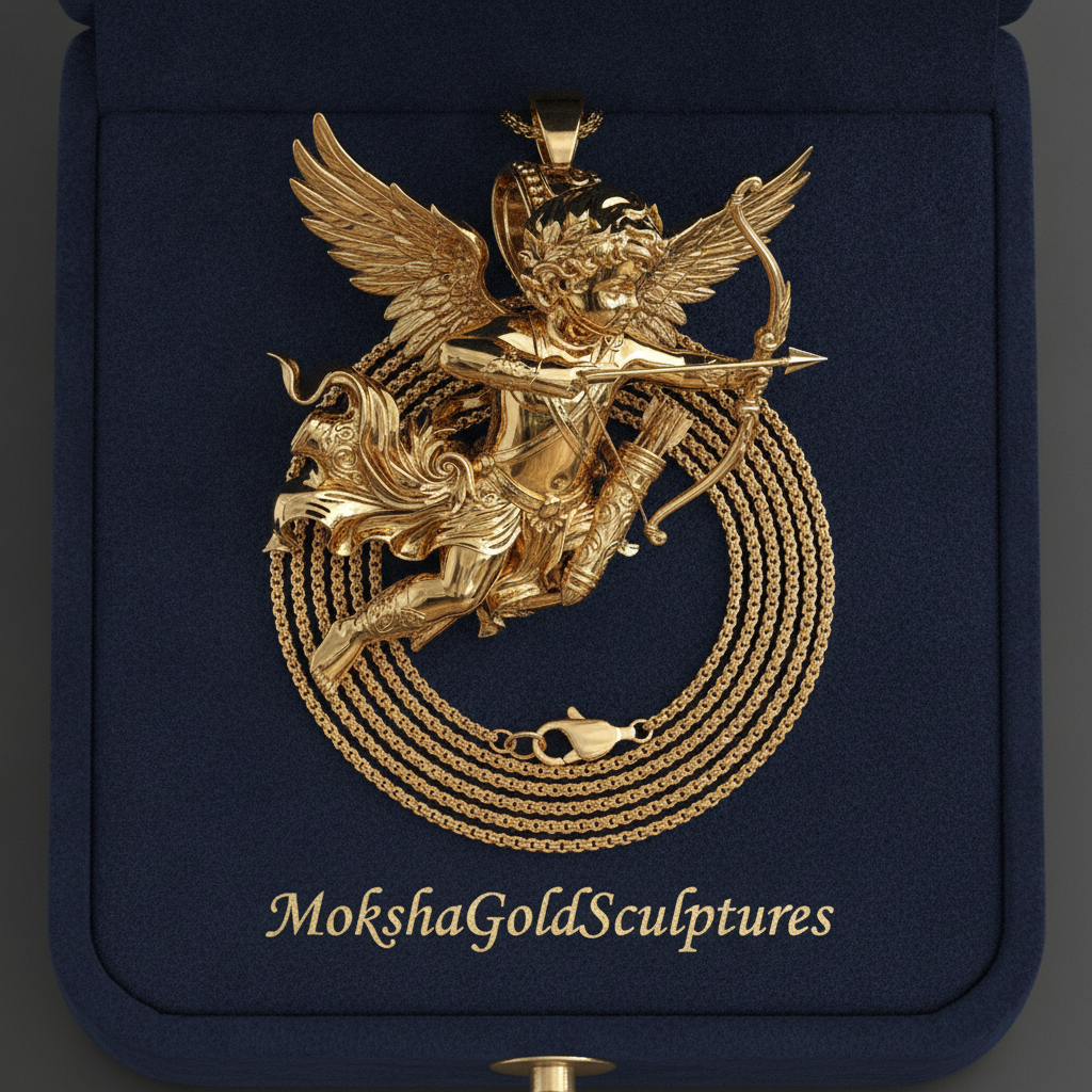 Winged Cupid Archer Pendant Necklace | Cherub Angel with Bow & Arrow | Handmade in 9K Gold, Sterling Silver & Yellow Brass
