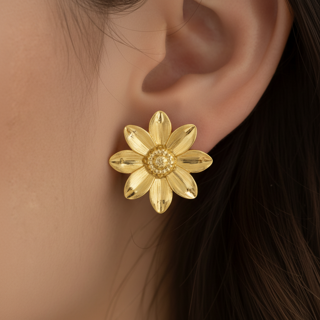 Polished Brass Flower Stud Earring by MokshaGoldSculptures, botanical design with detailed petals and textured center.