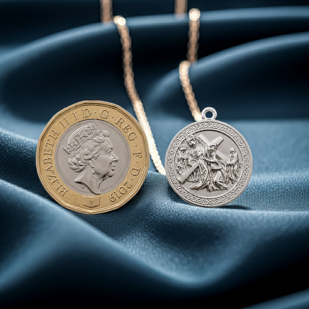 “Jesus Carrying the Cross” pendant in 925 sterling silver by MokshaGoldSculptures, shown with gold chains on blue satin.