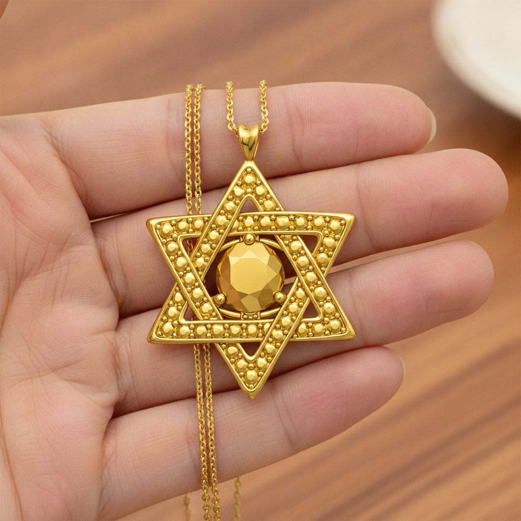 Star of David Pendant Necklace in 18K gold by MokshaGoldSculptures, hexagram with gemstone and dotted details.