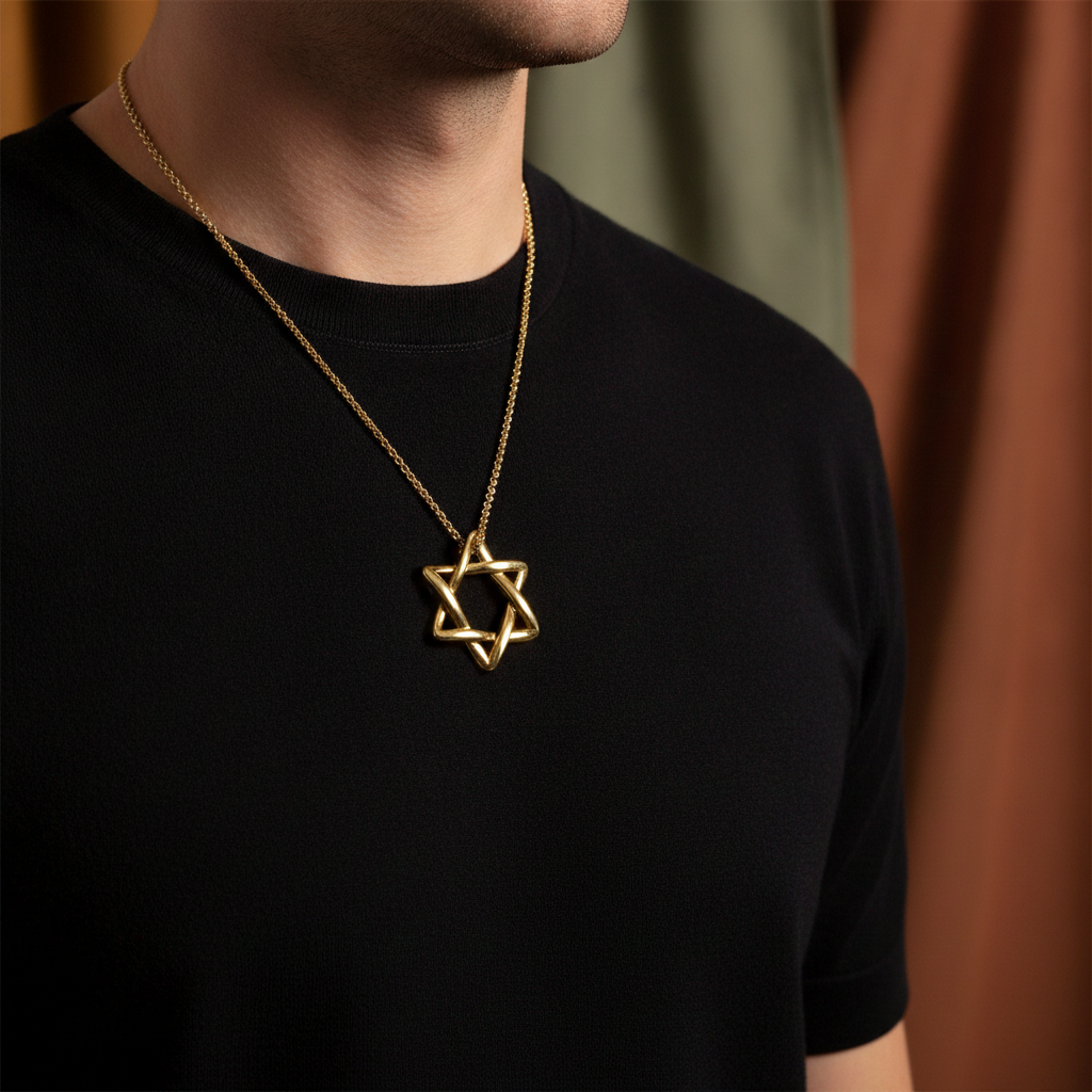 Interlaced Star of David Pendant Necklace in 18K gold and sterling silver by MokshaGoldSculptures worn on plain black shirt.