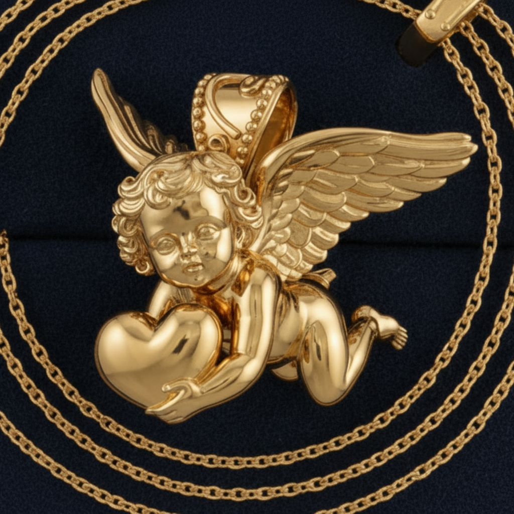 Golden Cherub with Heart Pendant Necklace | Angel of Love & Protection | 9K Gold, Sterling Silver or Polished Brass | Handmade Religious Jewelry Gift