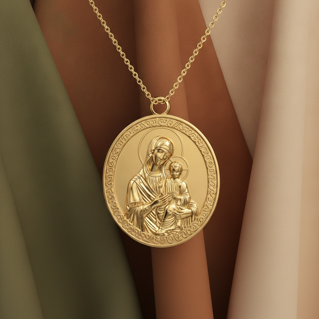 Virgin Mary & Child Coin Pendant Necklace | Blessed Mother Medallion | Christian Jewelry in 18K Gold, Sterling Silver or Yellow Brass