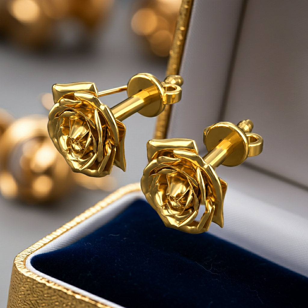 Polished Brass Rose Stud Earrings in high polish by MokshaGoldSculptures, displayed in a blue velvet box.