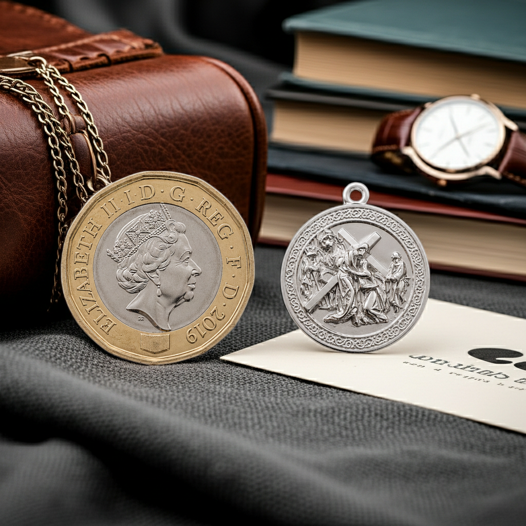 Jesus Carrying the Cross" pendant in 925 sterling silver by MokshaGoldSculptures on a textured surface.