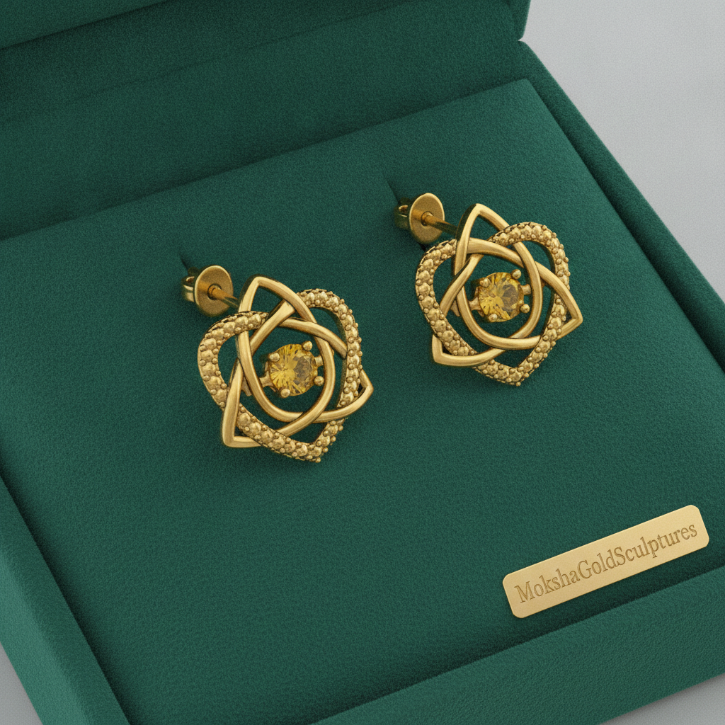 Celtic Trinity Knot Heart stud earrings in 9K gold by MokshaGoldSculptures, intricate finish.