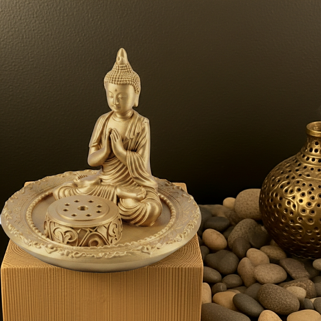 The Buddha Incense Holder Tray in gold, black, silver & grey by MokshaGoldSculptures, 3D printed PLA and resin.