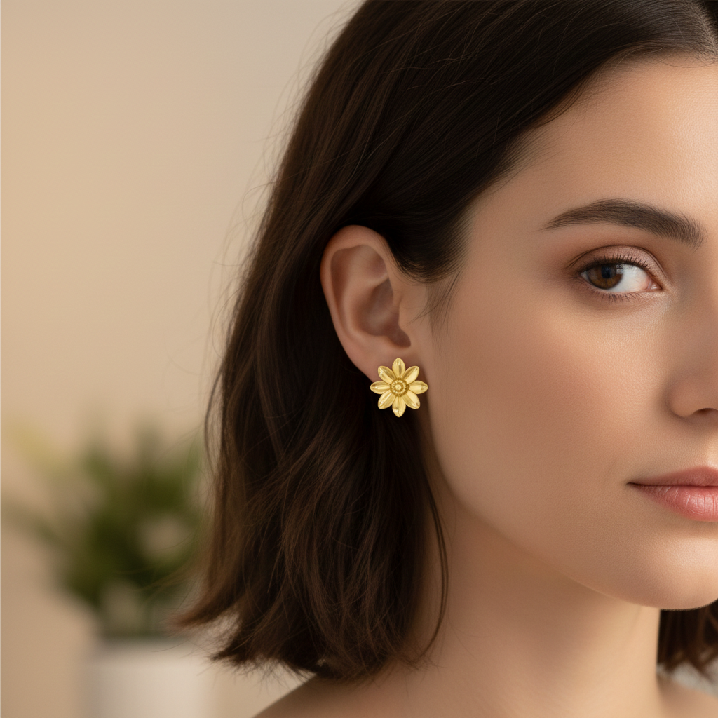 Polished Brass Flower Stud Earrings by MokshaGoldSculptures worn by a woman with short brown hair; blurred plant background.