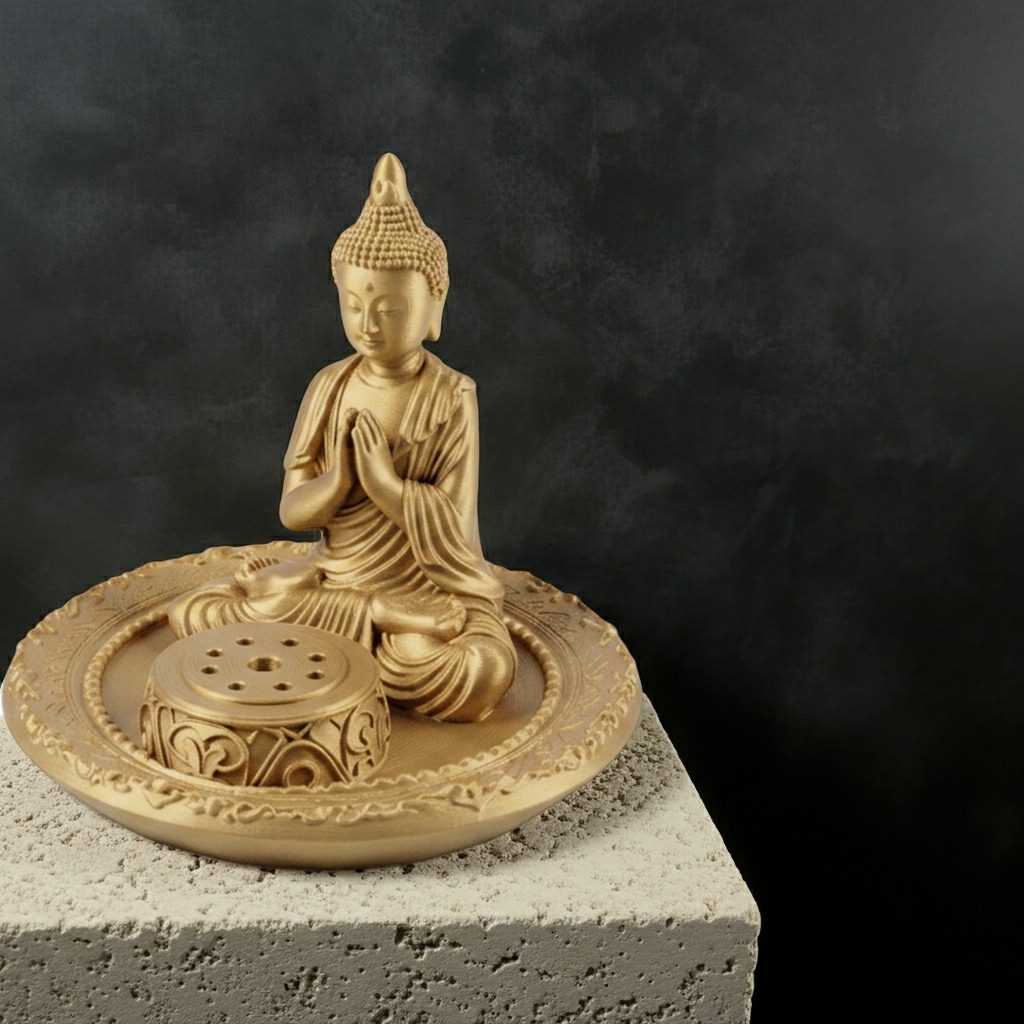 The Buddha Incense Holder Tray in gold, black, or silver-grey resin by MokshaGoldSculptures, matte finish.