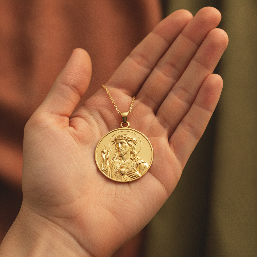 Jesus Sacred Heart Coin Pendant Necklace | 18K Gold Plated, Sterling Silver or Polished Brass | Christian Medallion | Catholic Religious Jewellery | 30mm